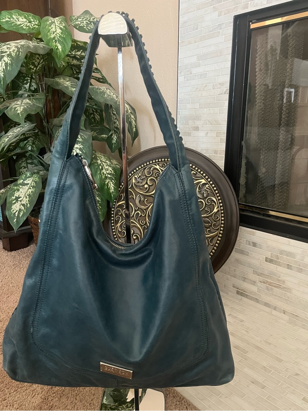 Badgley Mischka distressed Teal Leather/chain Shoulder Hobo Bag